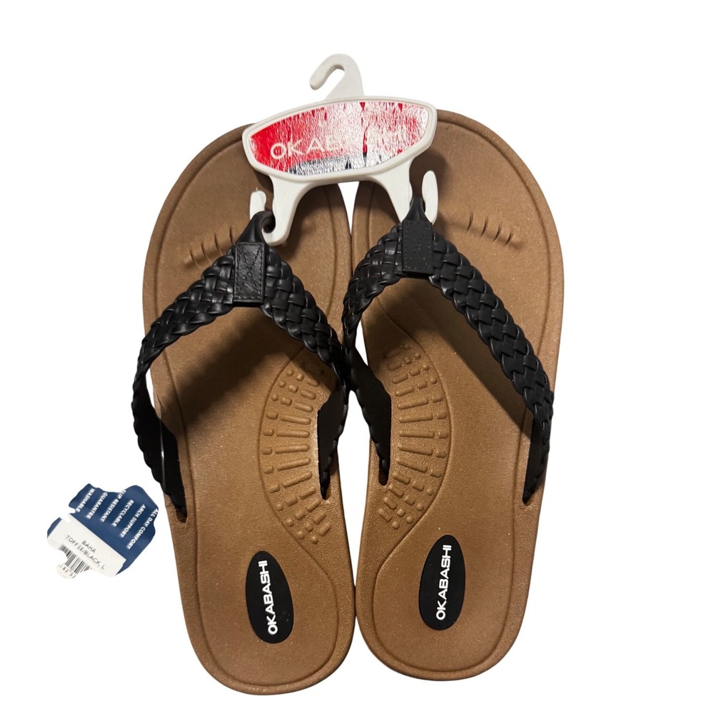 Okabashi Baha Flip Flop Sandals Womens L 9.5-10.5 Toffee Black Braided Strap NEW